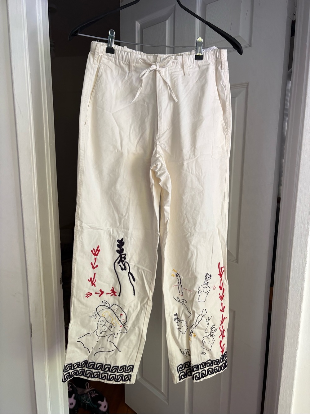 Zara Cream Straight-Leg Drawstring Pants with Embroidered Accents